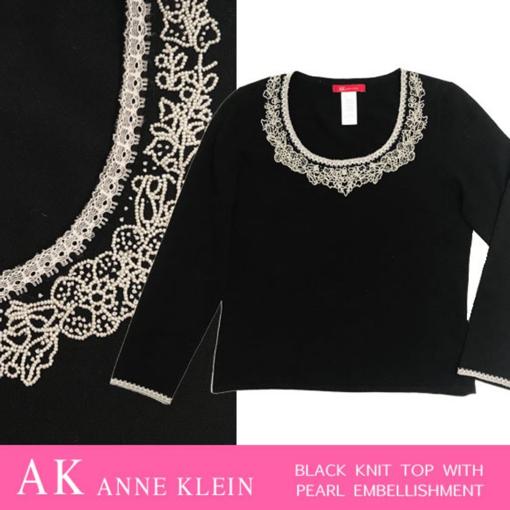 AK Anne Klein Black Knit Top With Pearl Embellishment Size S